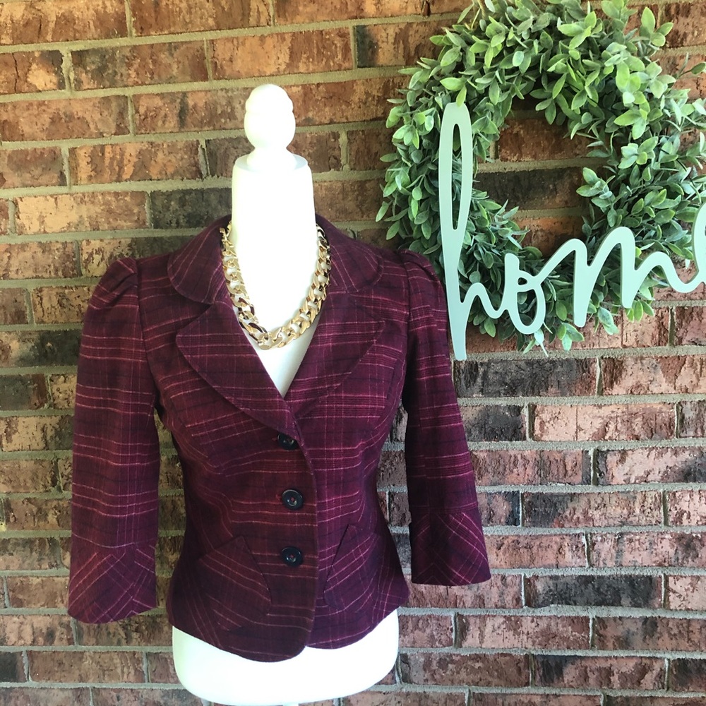 { GO INTERNATIONAL } Burgundy Plaid Blazer